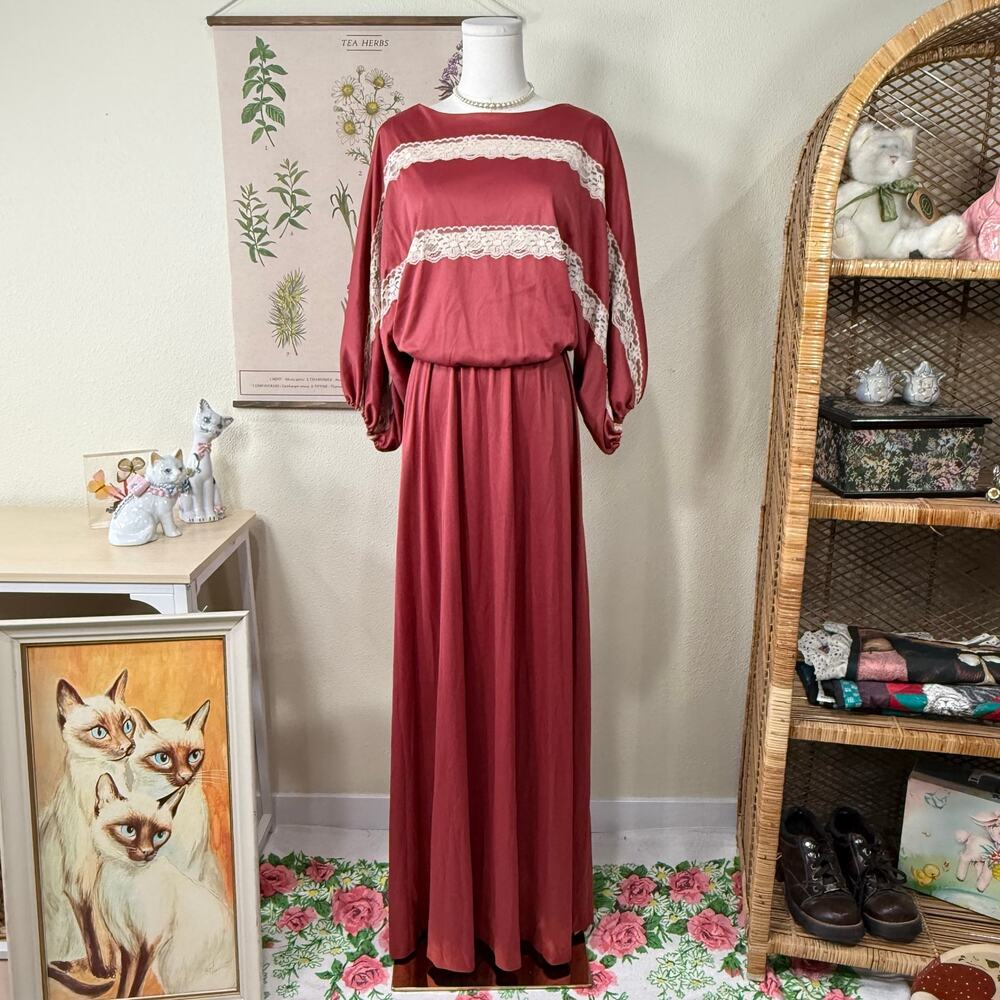 Vintage 70s Lace Trim Blouson Maxi Dress Cottage Prairie Romantic Victorian S